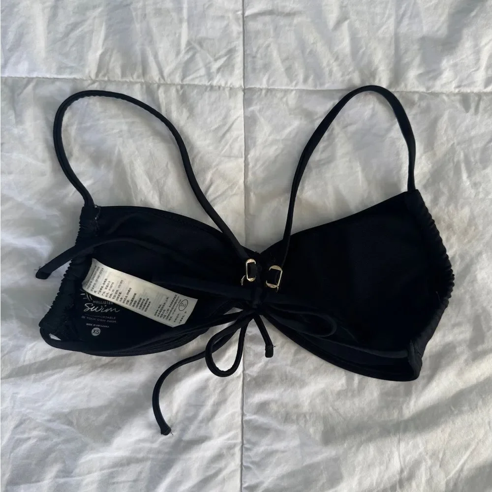 Hollister Cinched Black Bikini Top XS Tie Back Adjustable Straps Ruched Swim